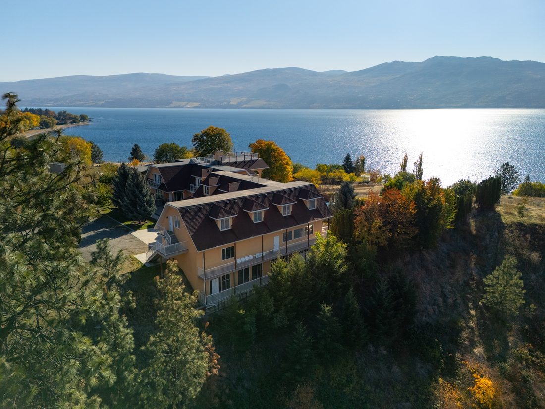 Aerial view of the main residence above Okanagan Lake